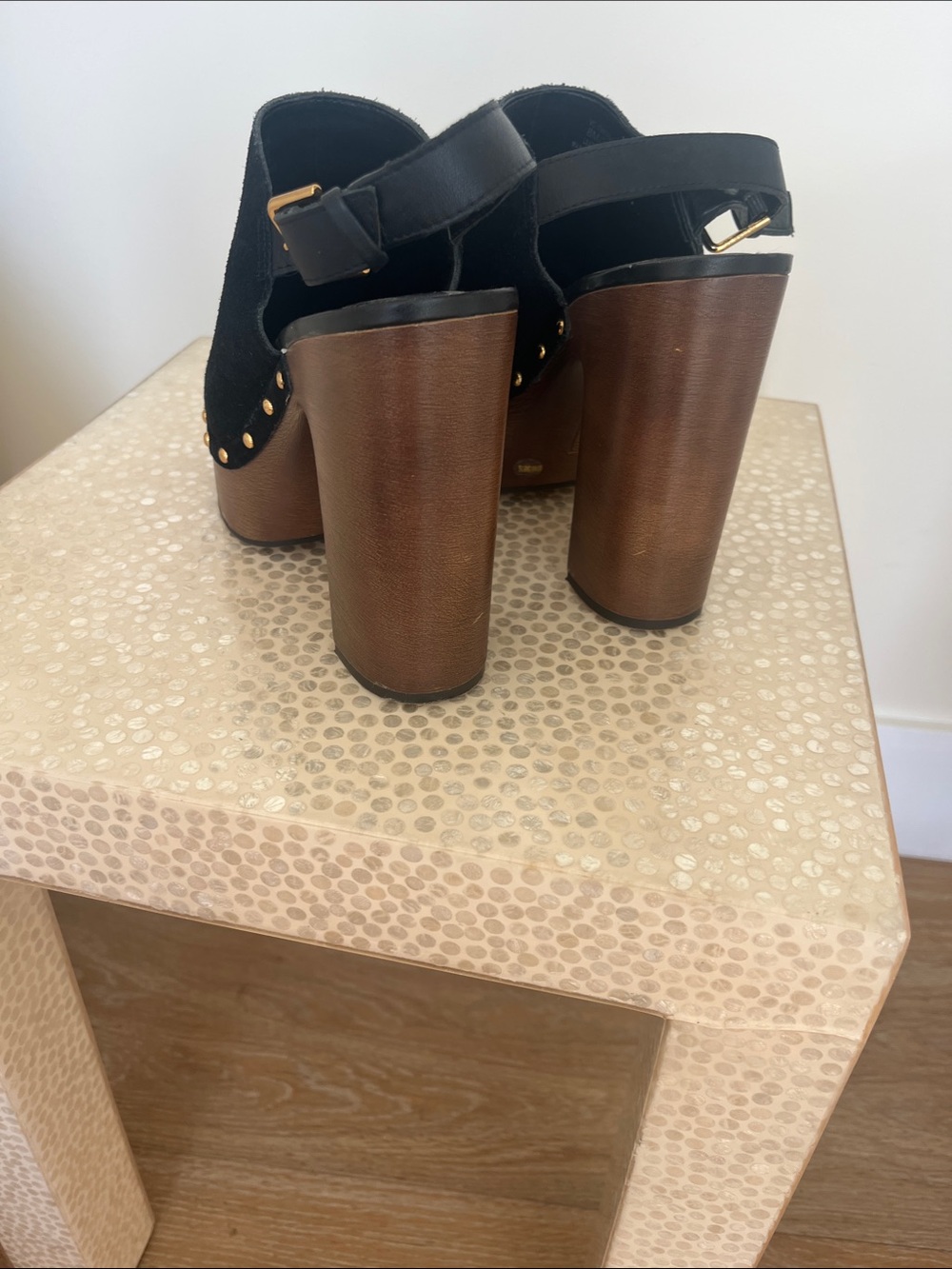 Vince Camuto Black Suede Platform Clogs with Gold Studs - Picture 3 of 5